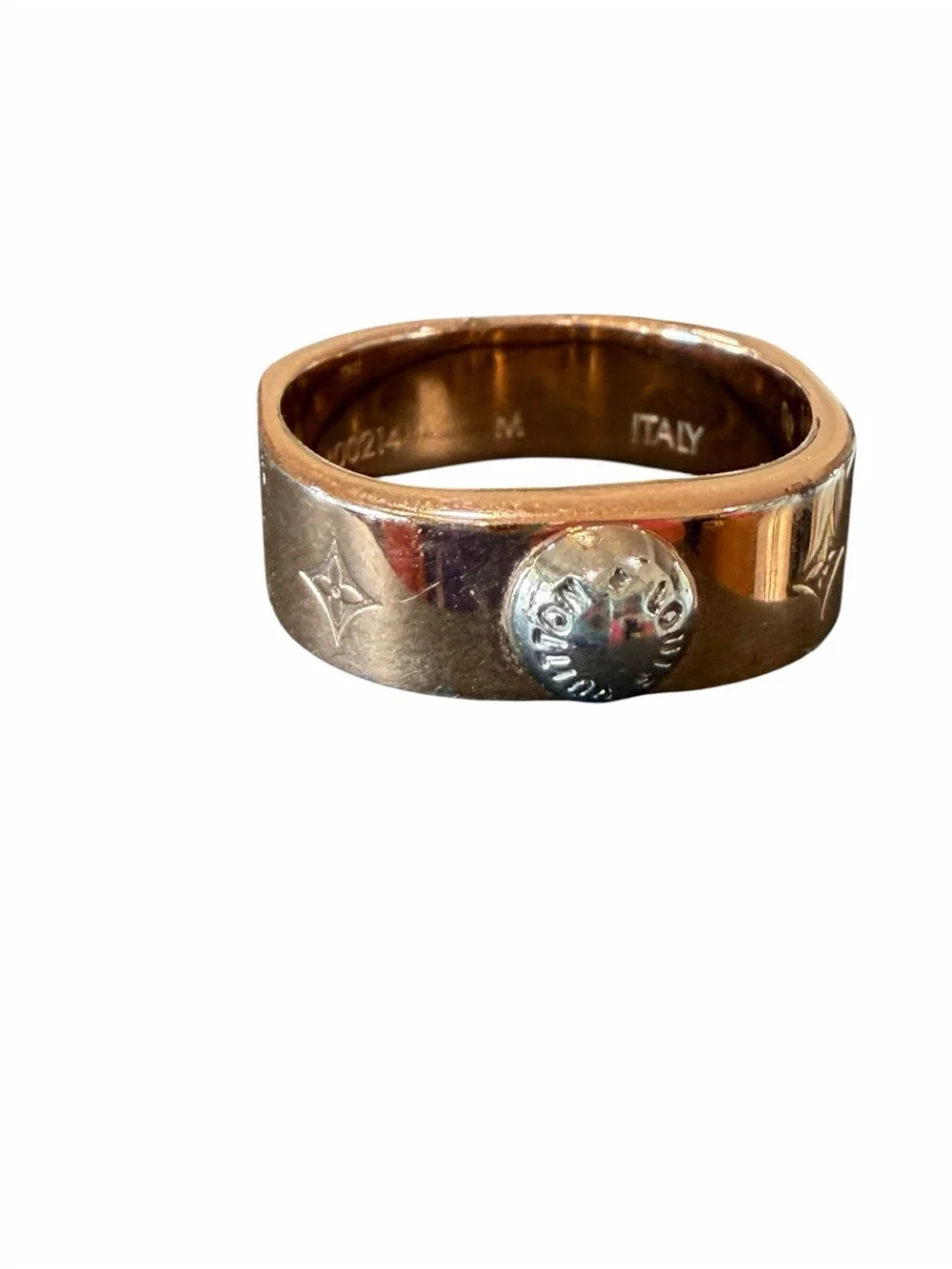 Louis Vuitton Nanogram Gold-Tone Ring with Branded Stud and Monogram Motifs